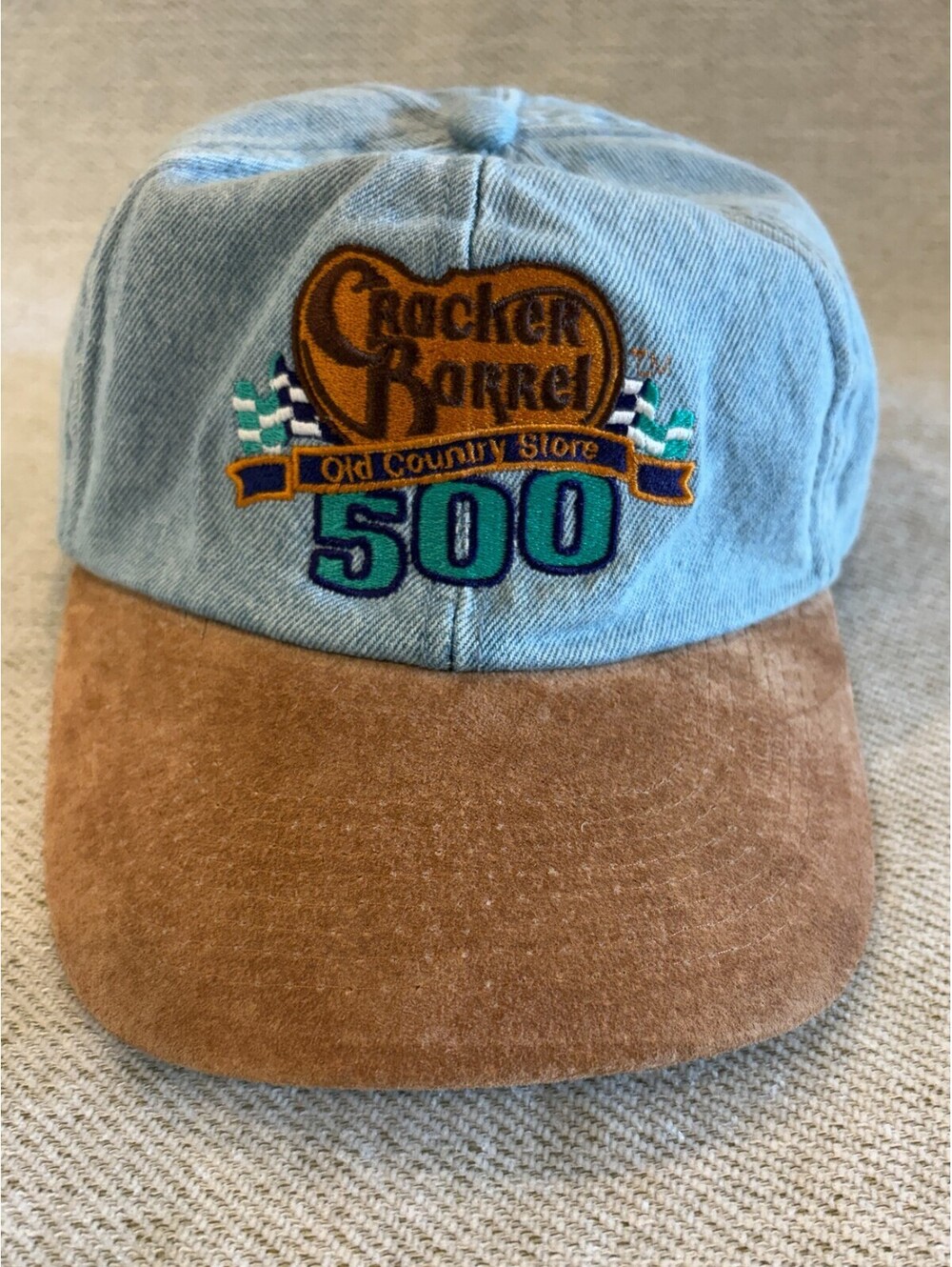 Vintage 90s Cracker Barrel 500 NASCAR Hat Washed Denim Suede Brim Strapback VTG